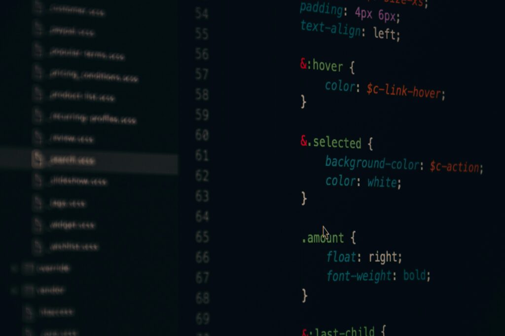 Close-up of colorful CSS code lines on a computer screen for web development.